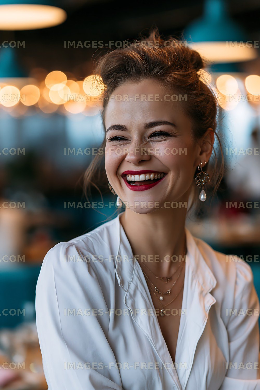 Woman smiling in a restaurant with a warm atmosphere