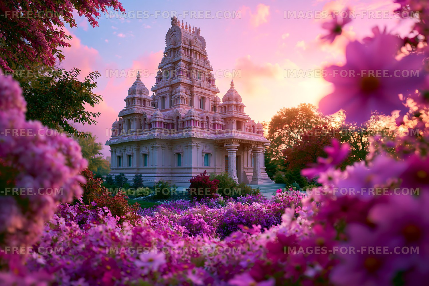 Sunset view of a temple surrounded by blooming flowers
