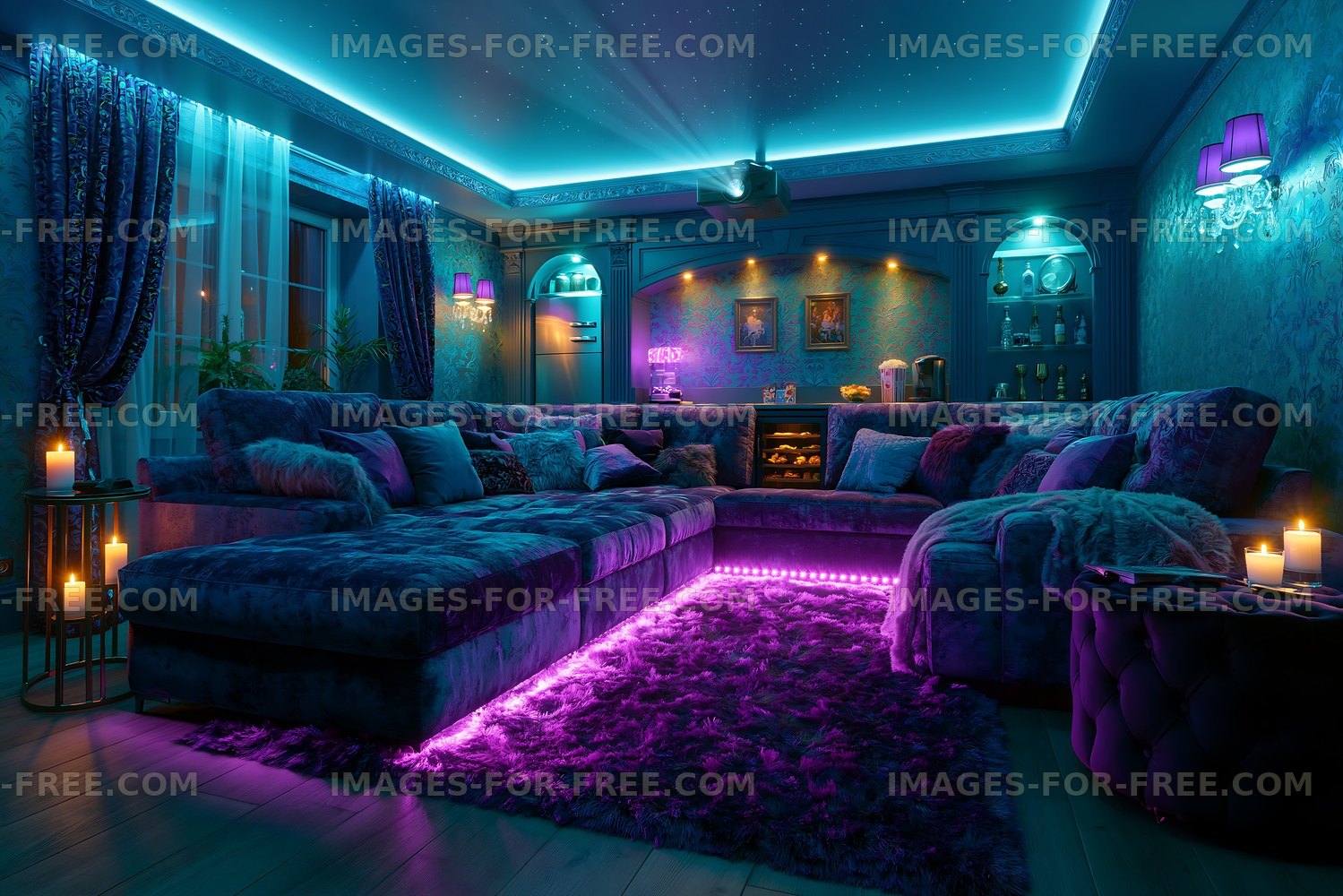 Cozy living room with purple lighting and candles at night