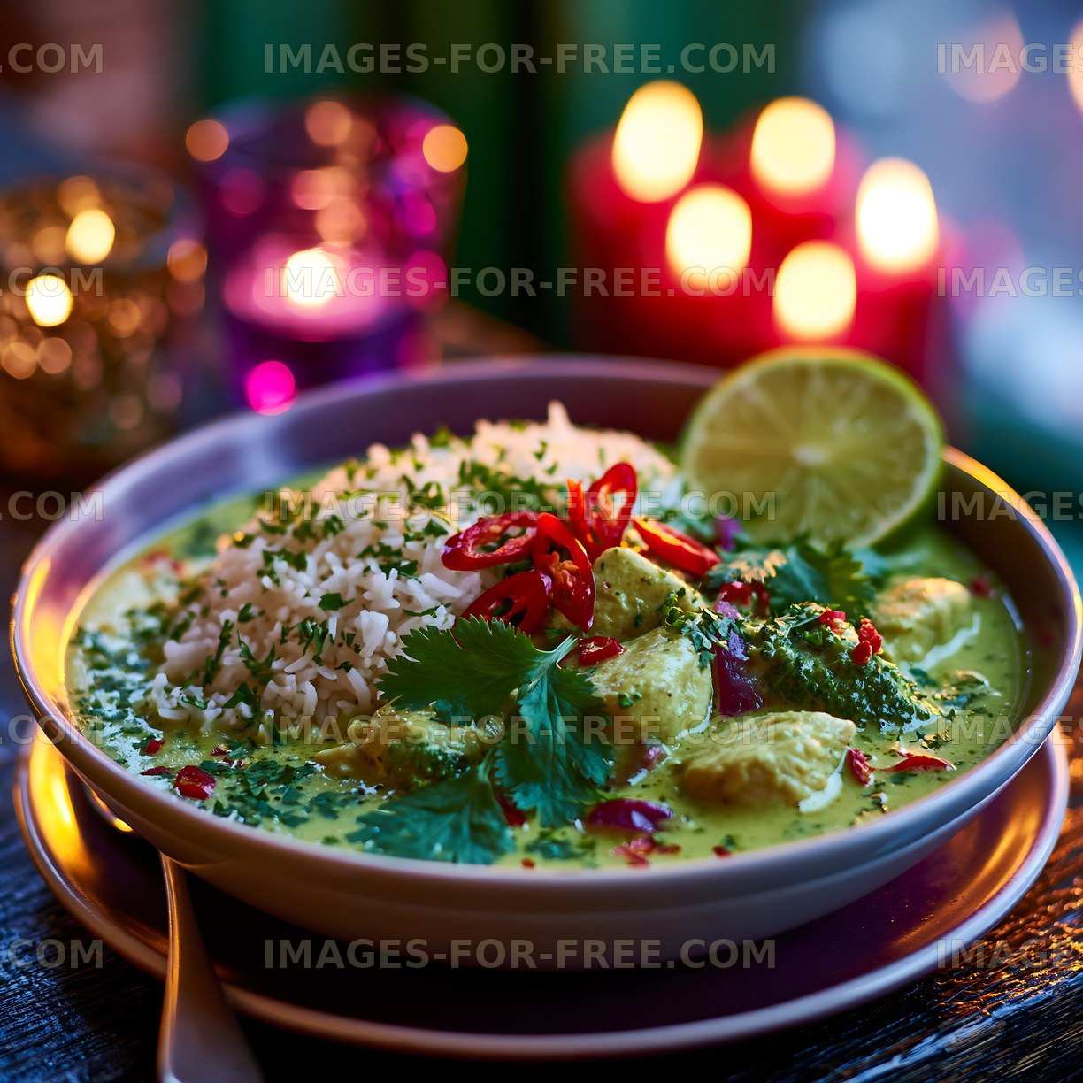 Delicious green curry with rice and fresh herbs served in a bowl