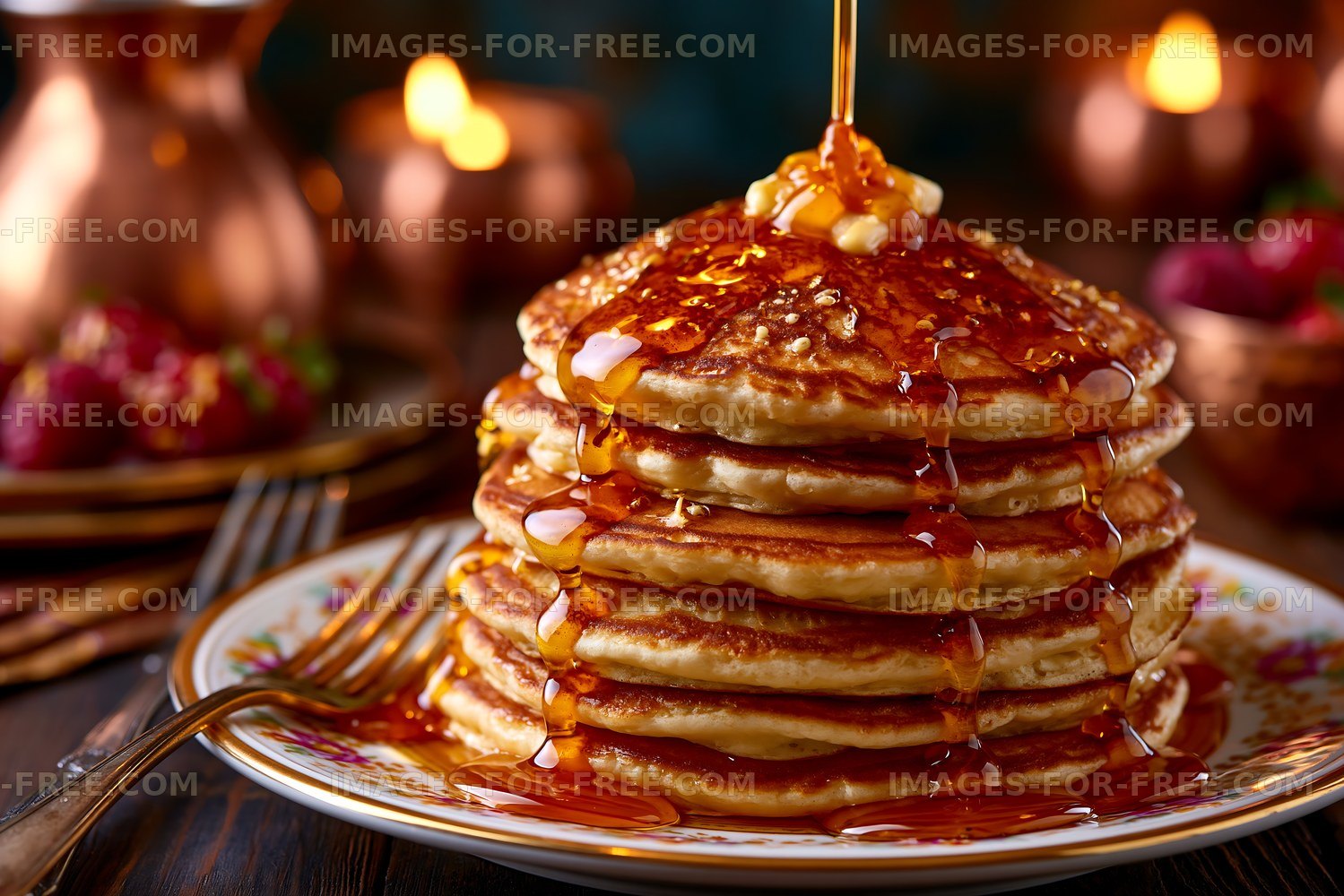 Stack of pancakes with syrup and butter on a plate