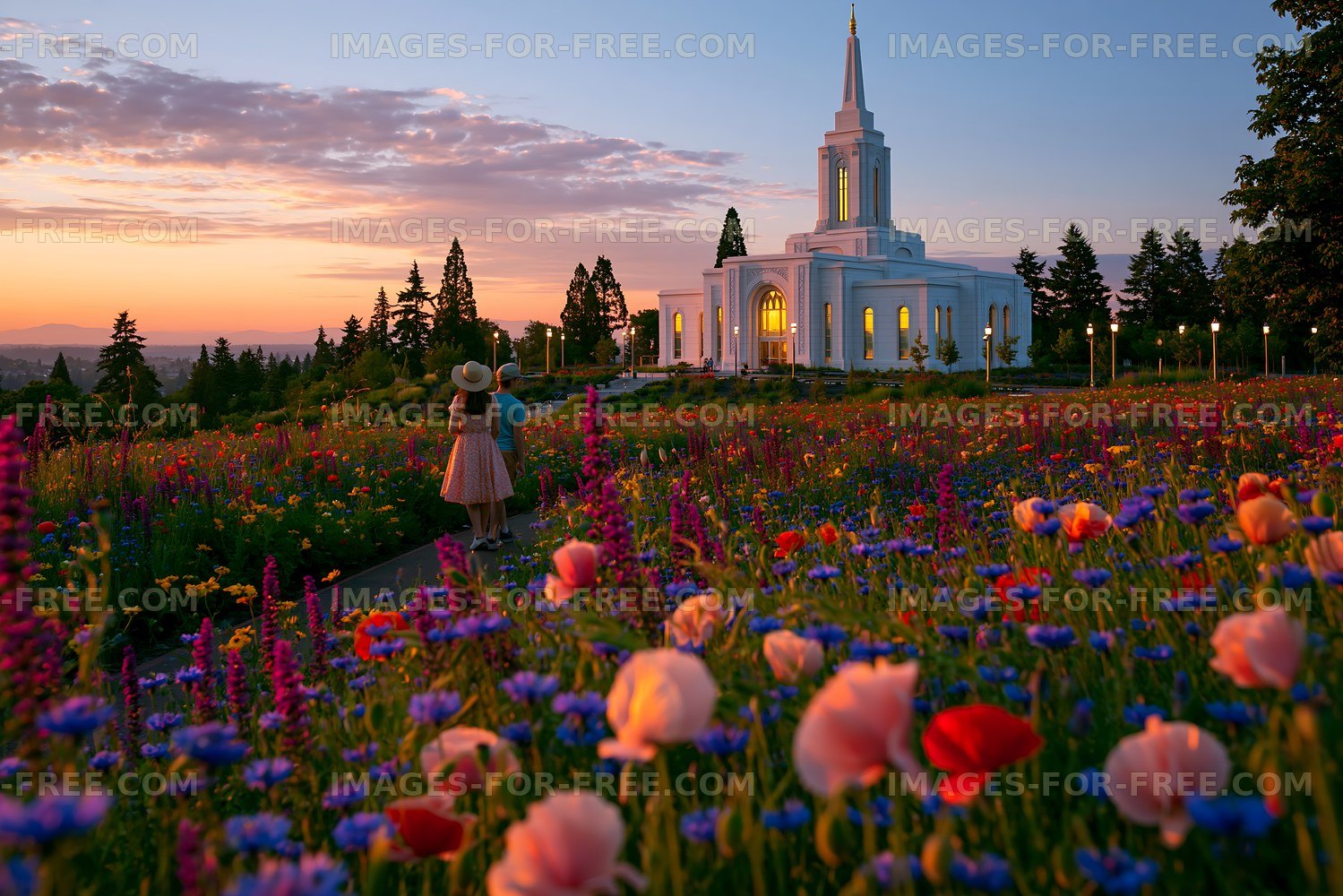 Visitors walk through a field of flowers near a temple at sunset