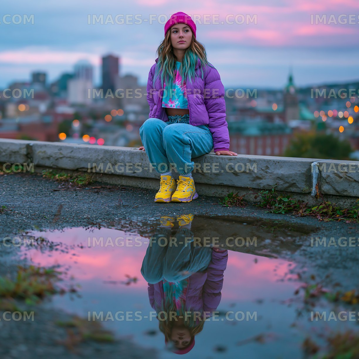 Woman sitting on a ledge near a cityscape with a reflection in water
