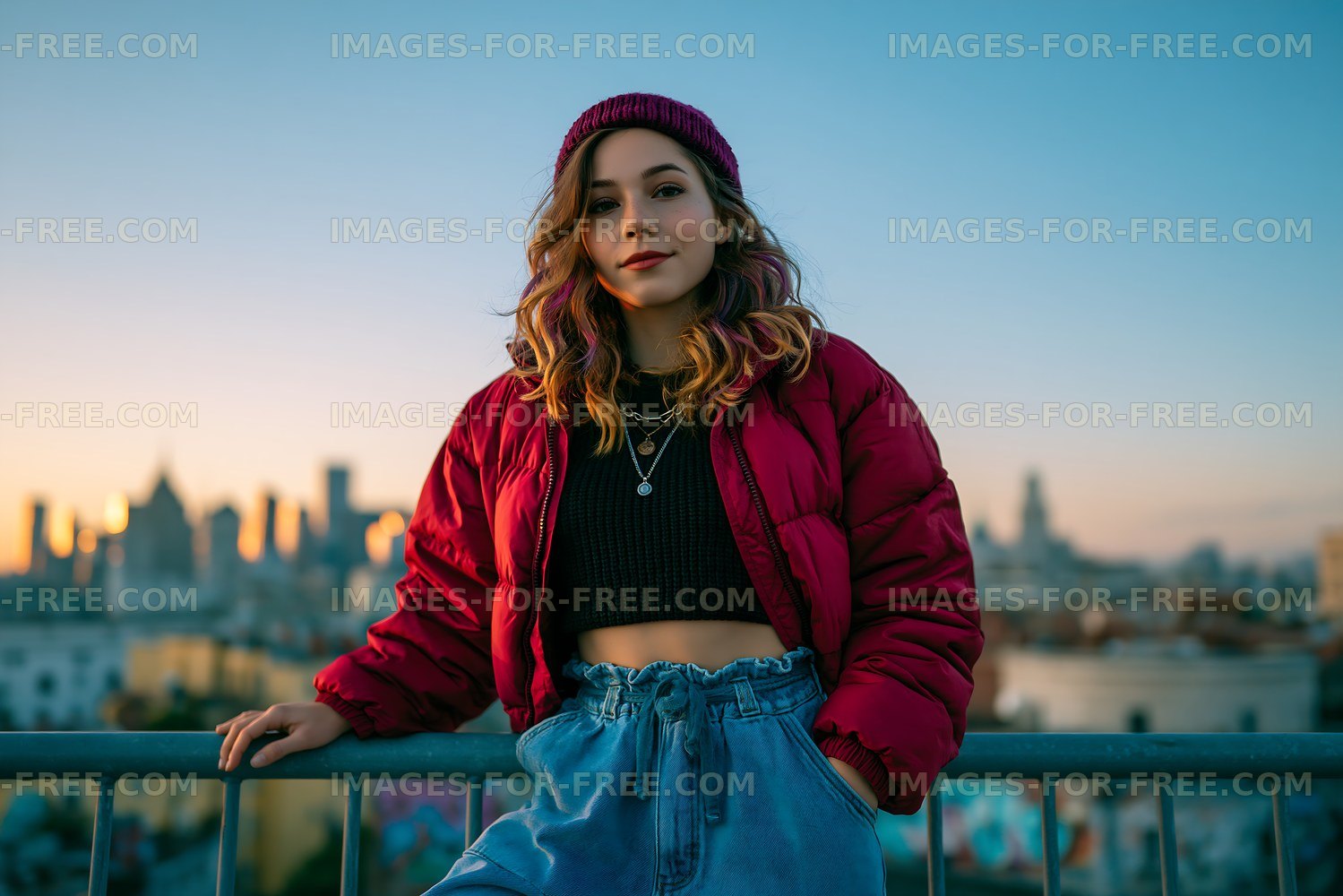 Woman in red jacket poses over city skyline at sunset