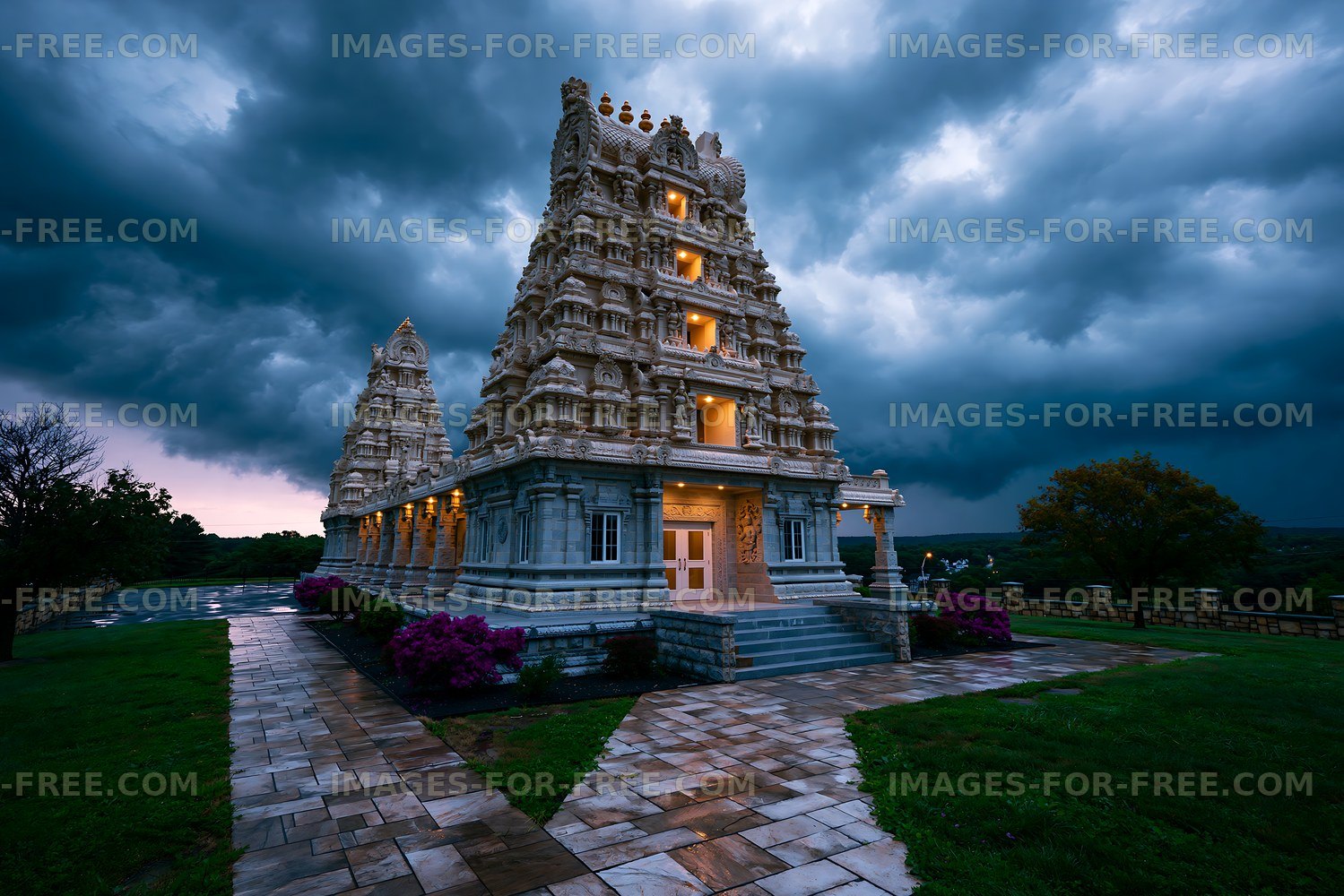 Historic temple under dark stormy sky during twilight