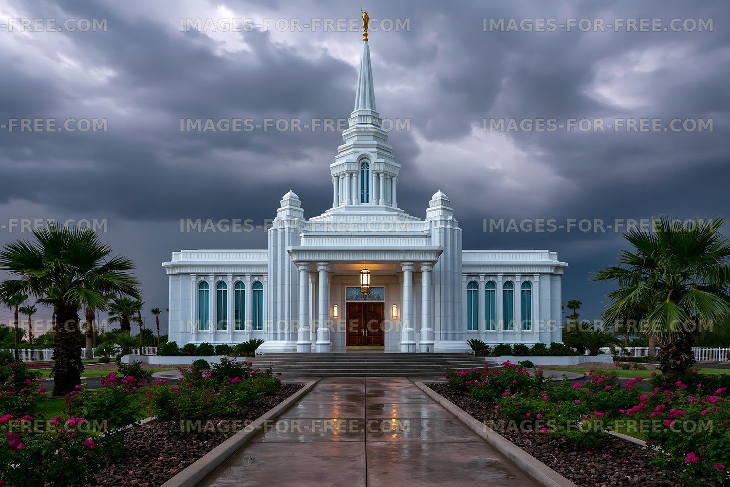 Church stands under dark clouds with palm trees and flowers