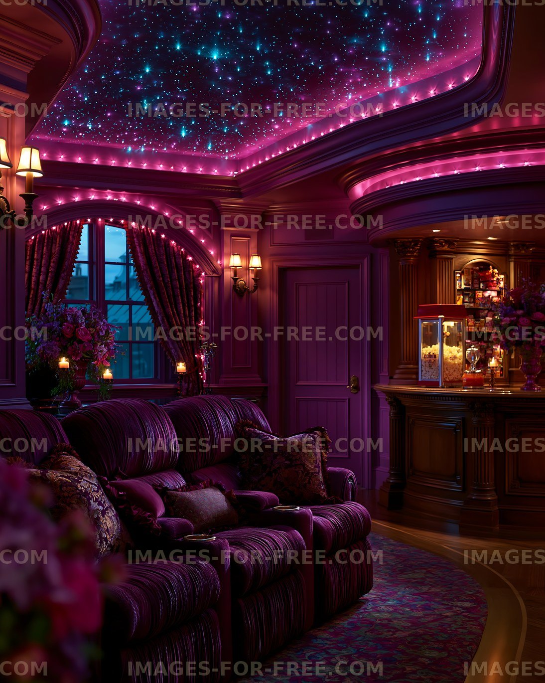 Cozy living room with purple decor and starry ceiling lights