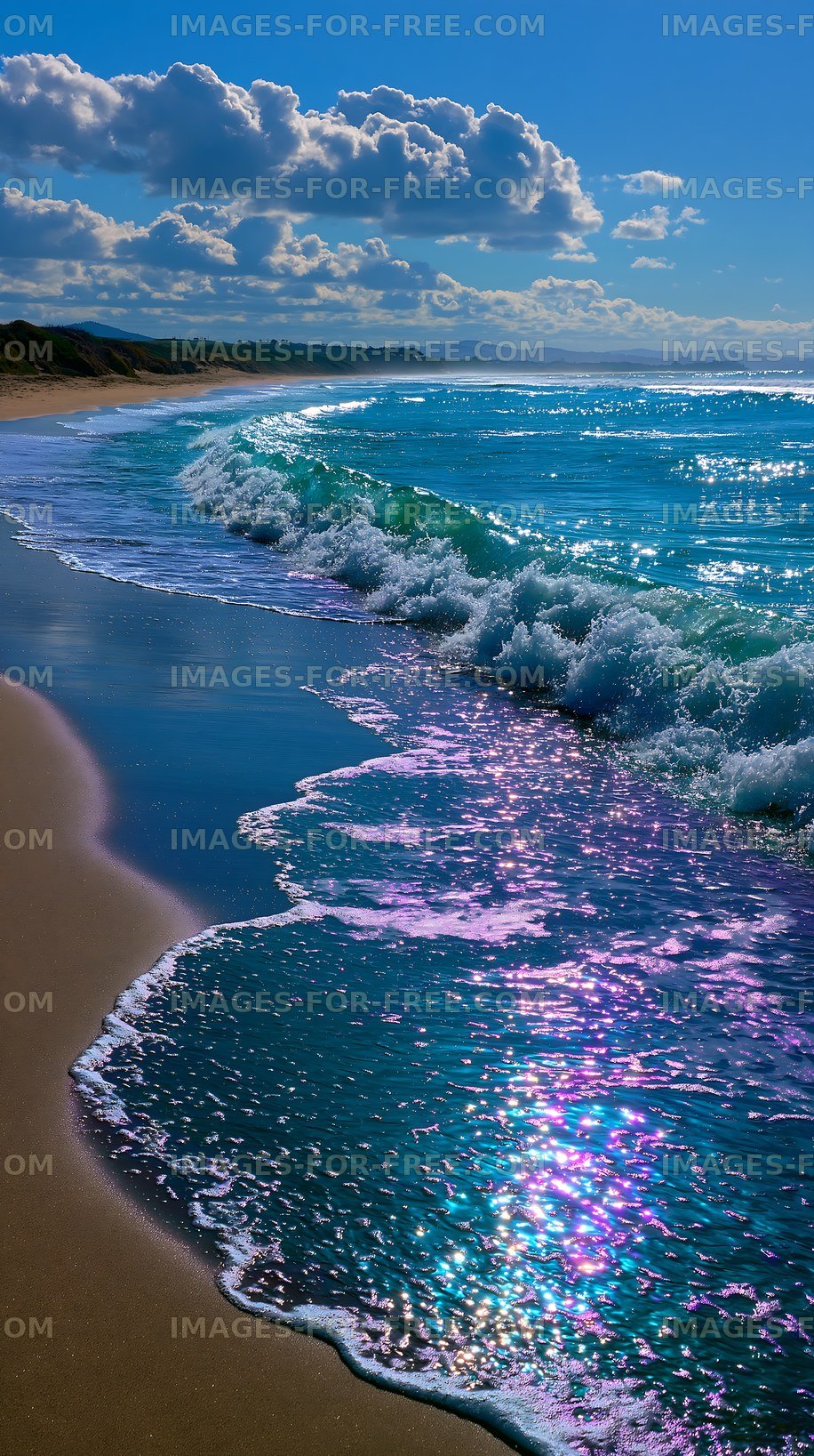 Waves crashing on a sandy beach in bright daylight
