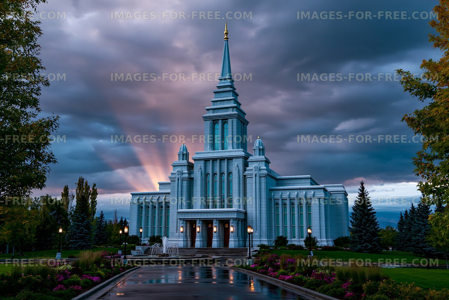 Building with a tall spire under dramatic clouds