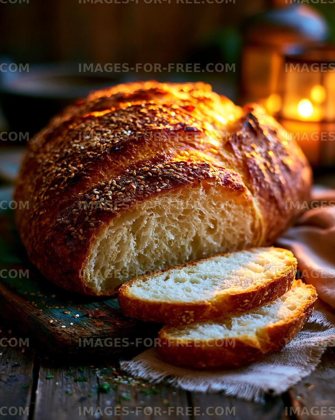 Freshly baked bread loaf on wooden table with slices cut