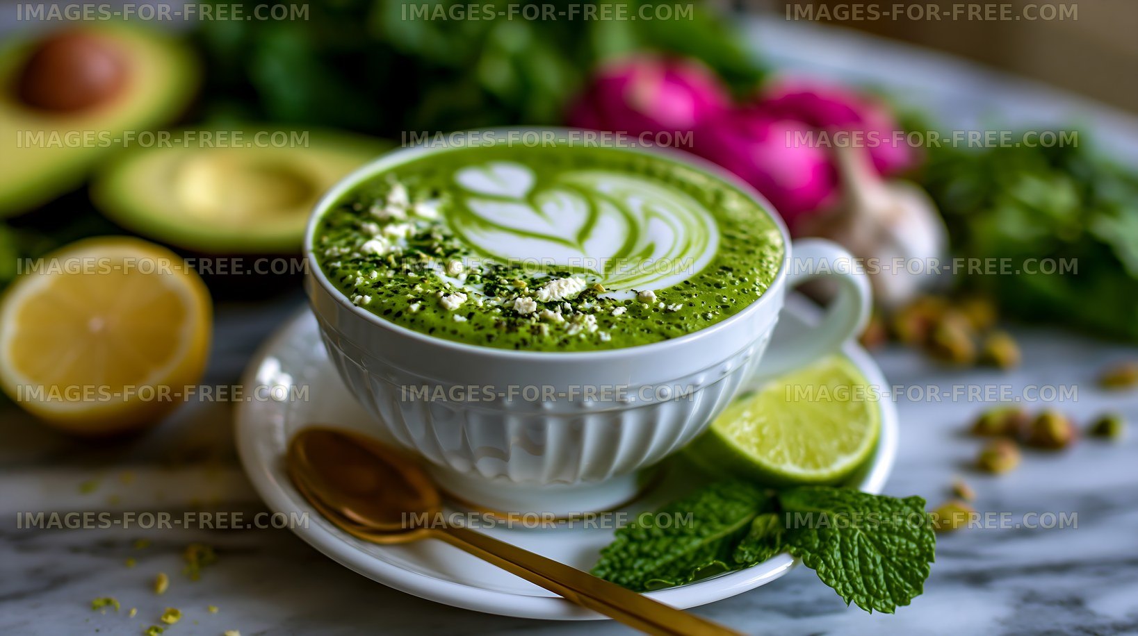 Green matcha latte with herbs and fruits on a marble table