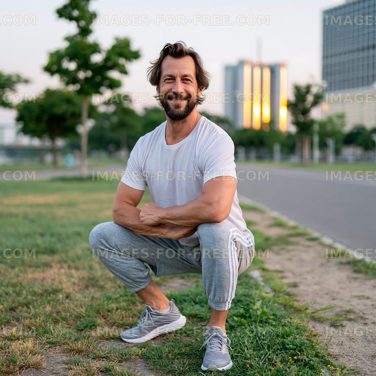 Man squatting on green grass in city park during sunset