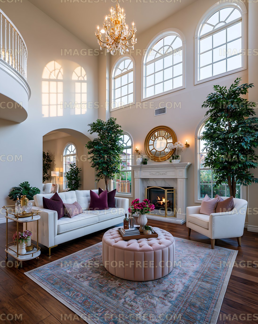 Modern living room with tall windows and elegant decor