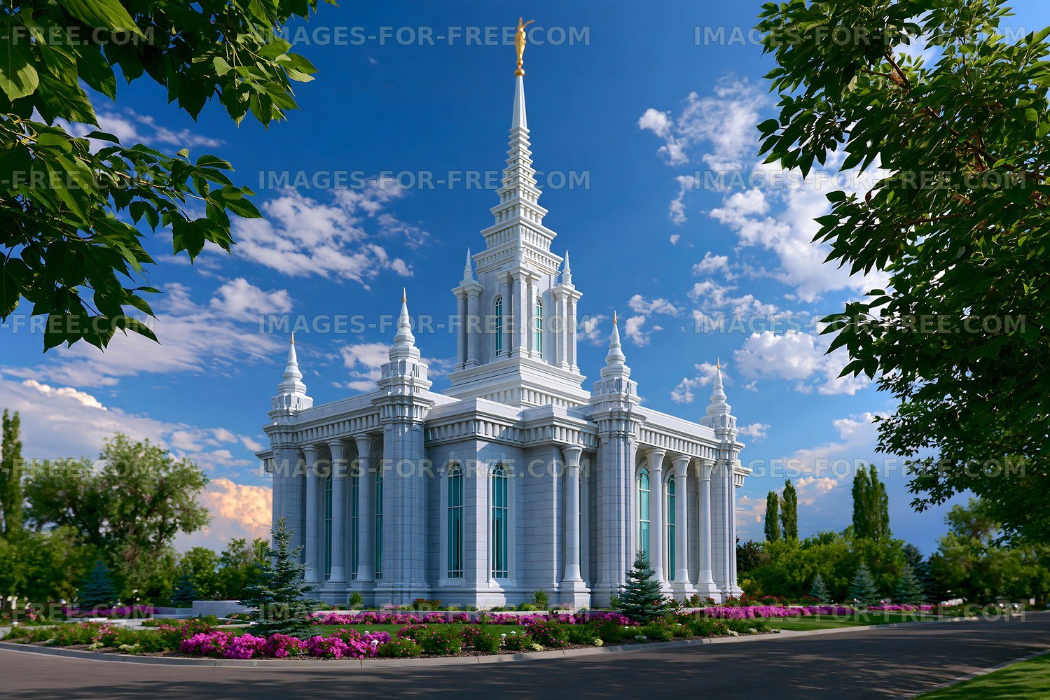 White temple surrounded by greenery and colorful flowers