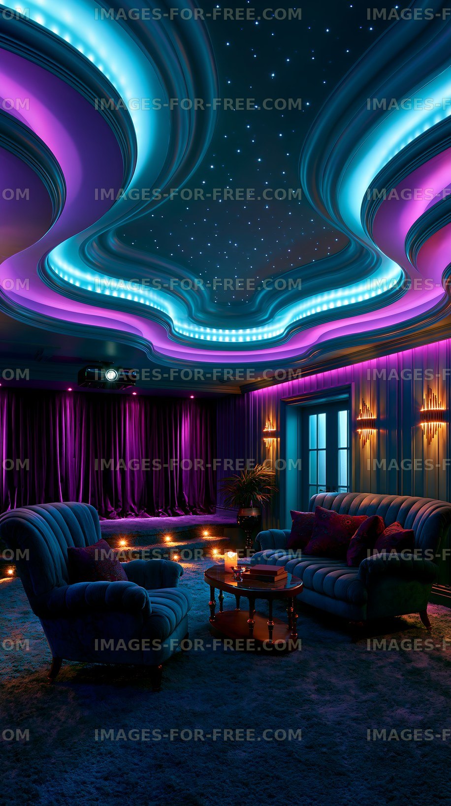 Cozy indoor space with colorful lighting and comfortable seating