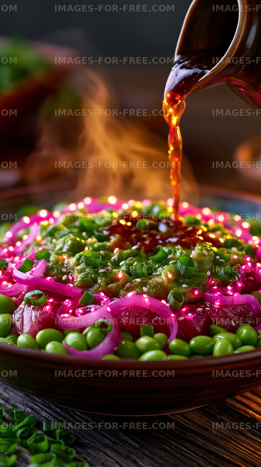 Hot sauce is poured over colorful food in a wooden bowl