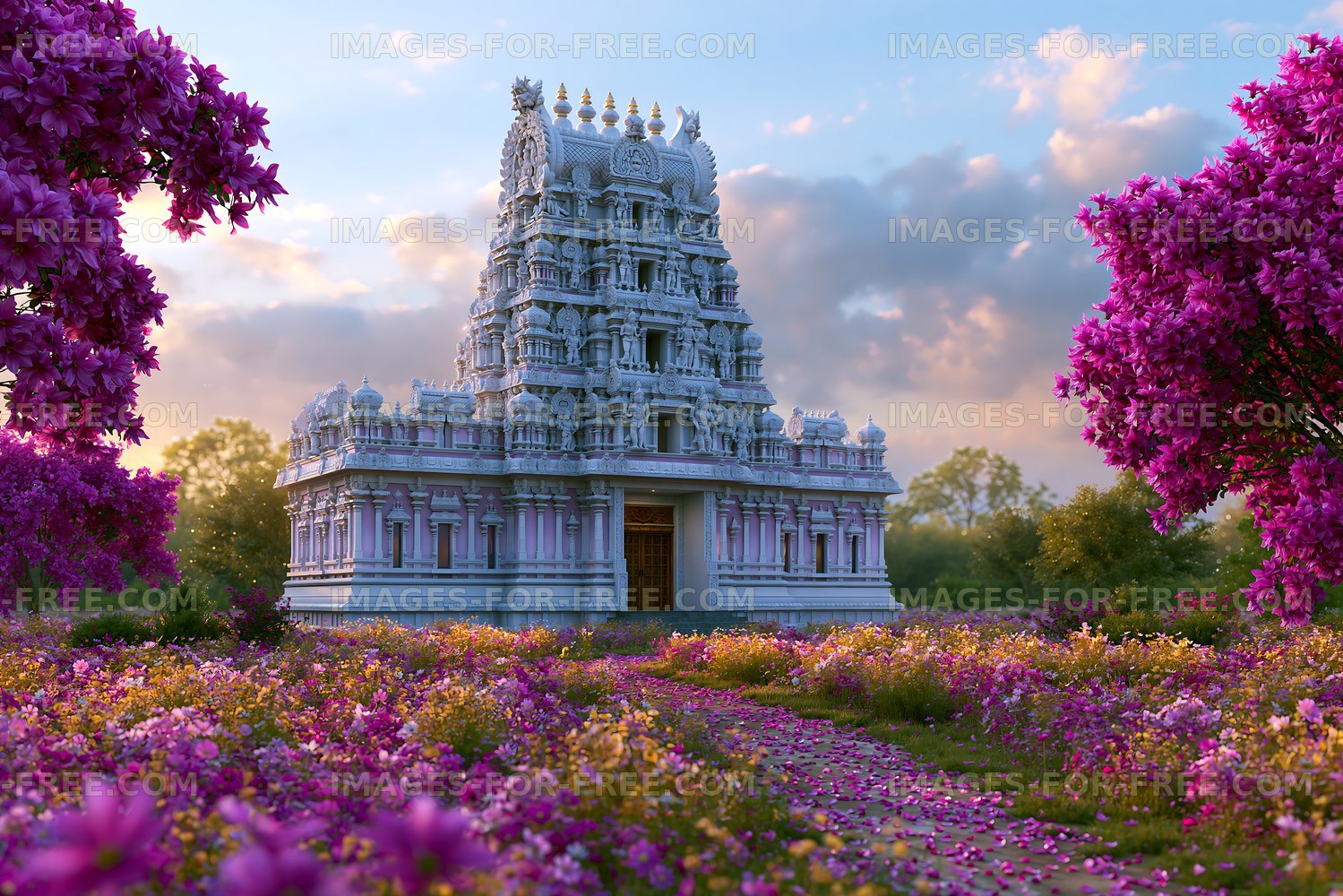 Temple surrounded by flowers at sunset