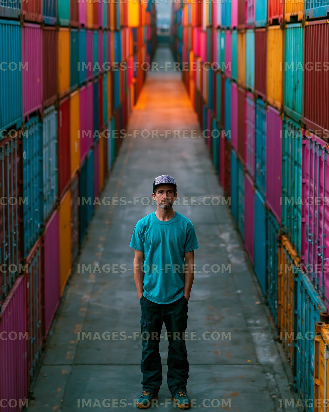 Man standing between colorful shipping containers in urban area