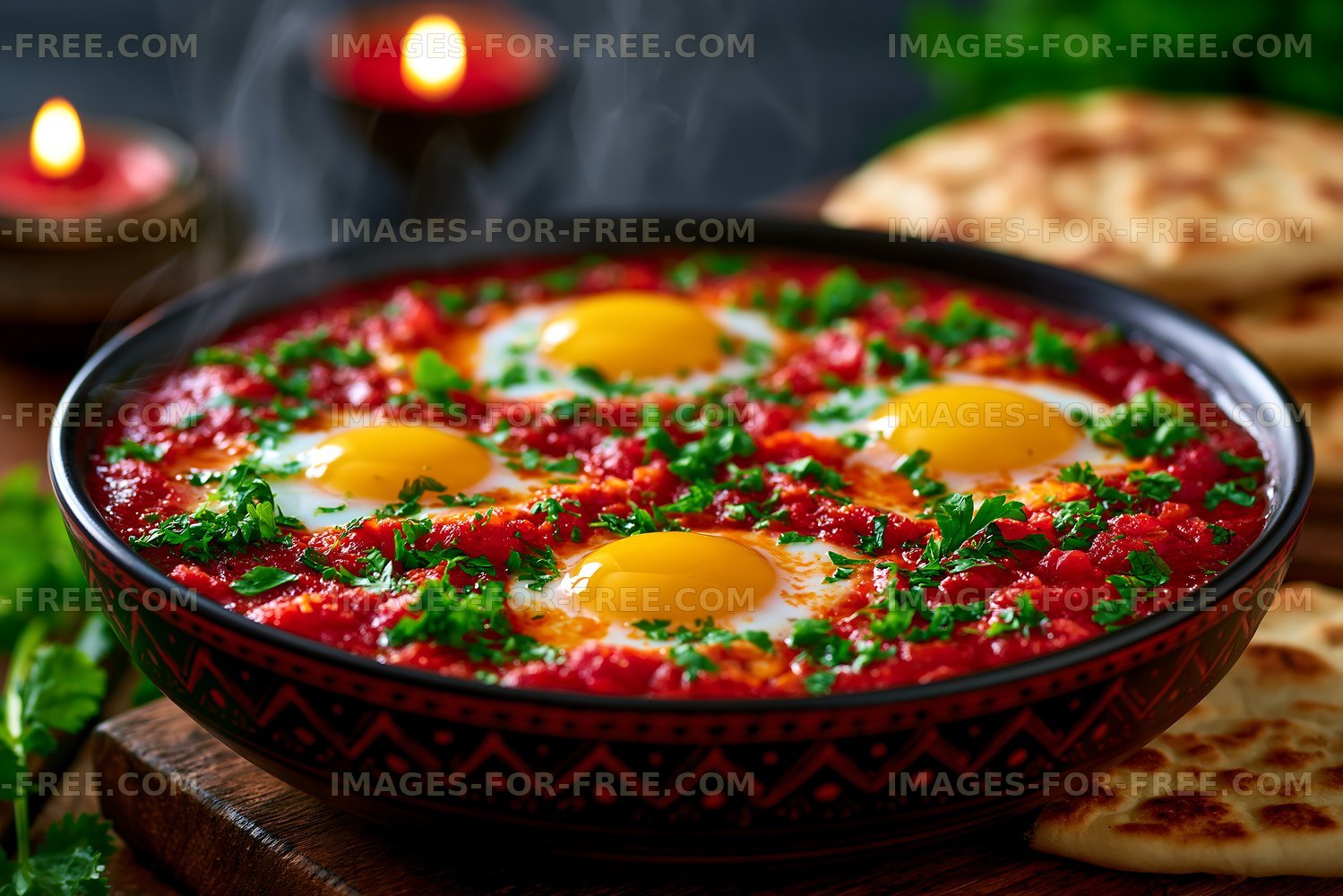 Eggs cooked in a spicy tomato sauce served with flatbread
