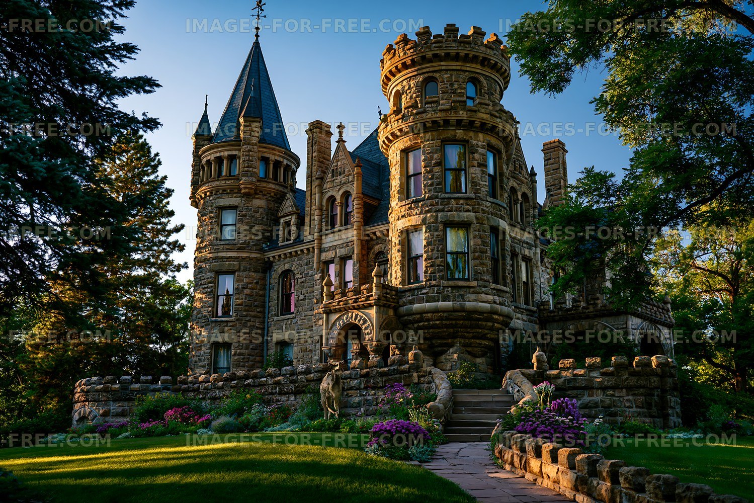 Historic stone castle surrounded by lush greenery and flowers