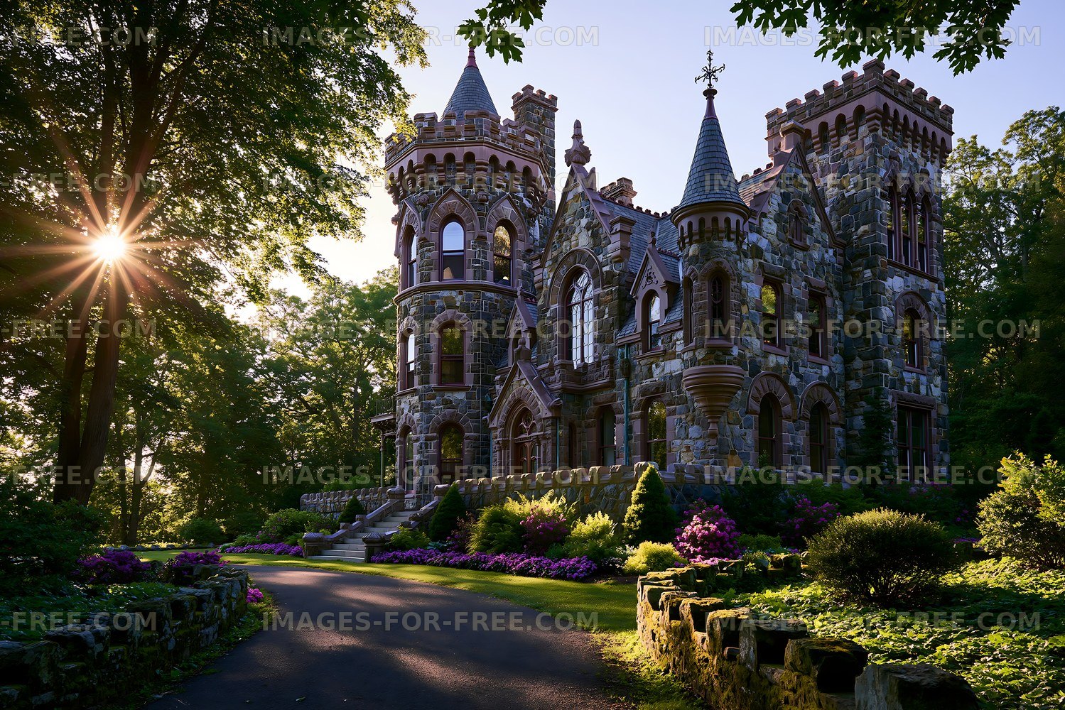 Historic stone castle surrounded by trees and garden