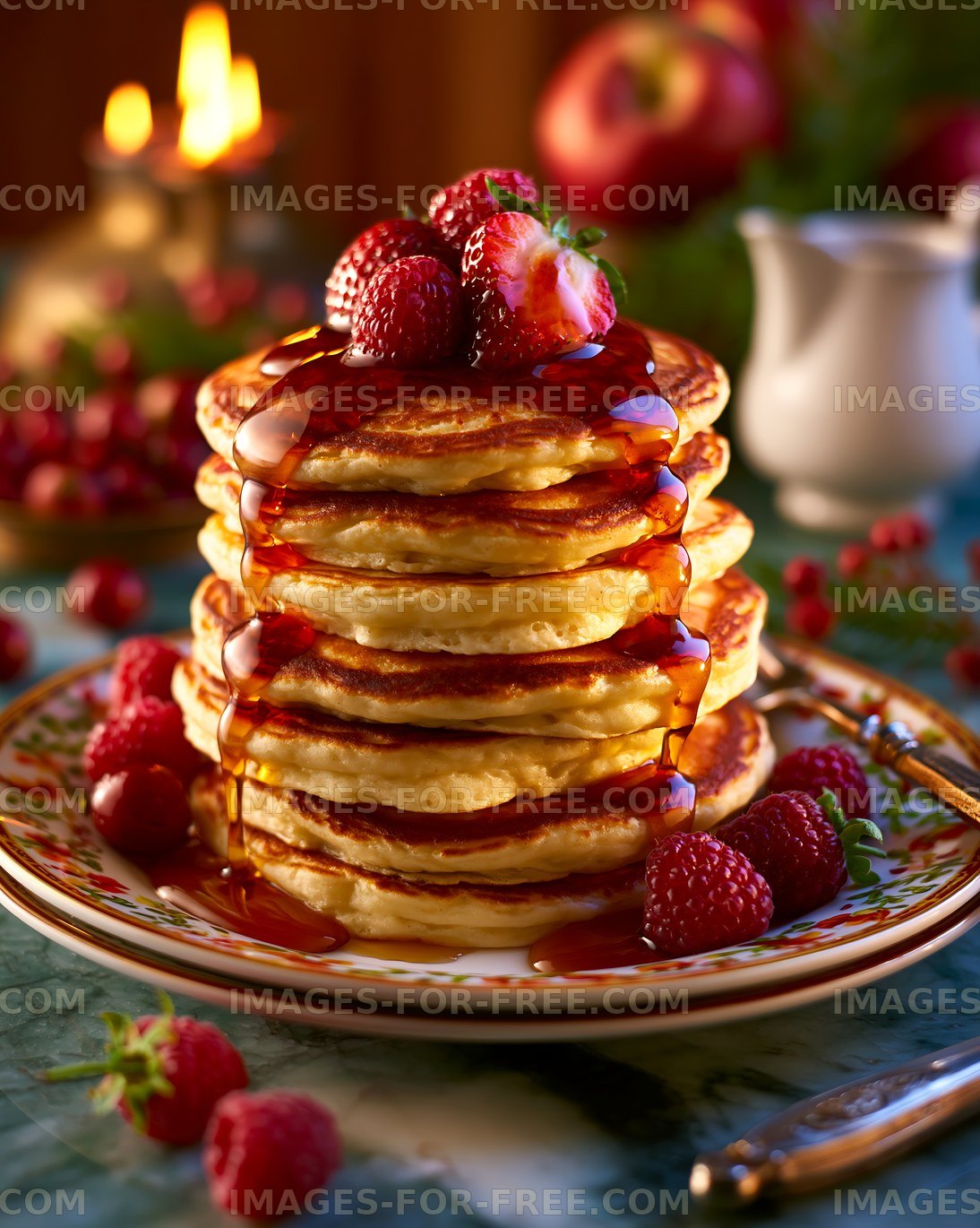 Stack of pancakes with berries and syrup on a plate
