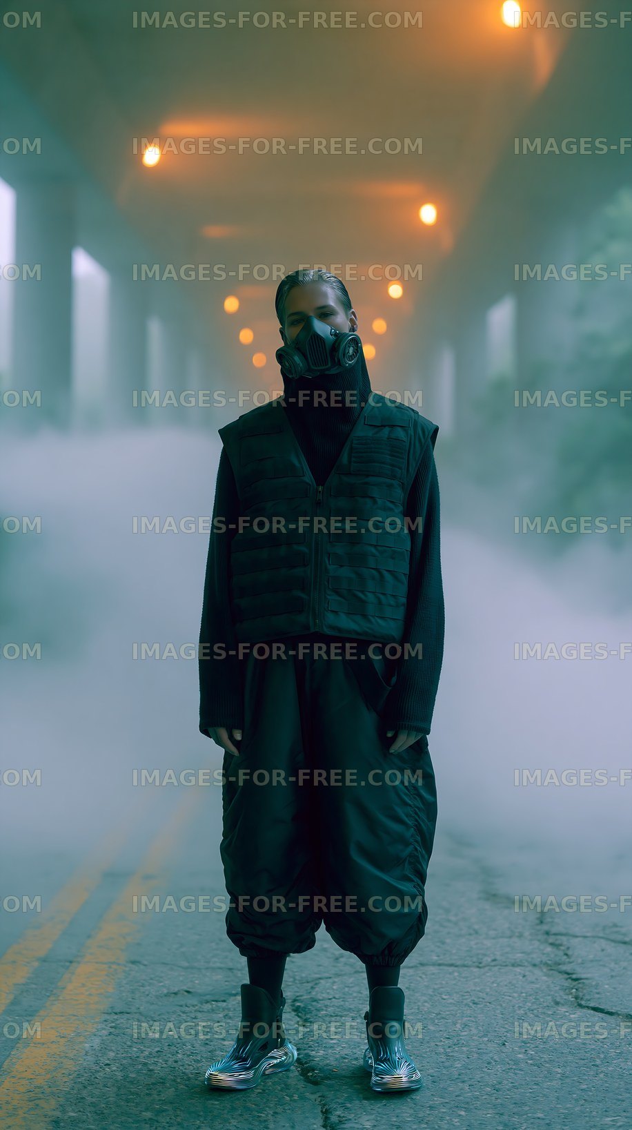 Person in gas mask stands on a foggy road under an overpass