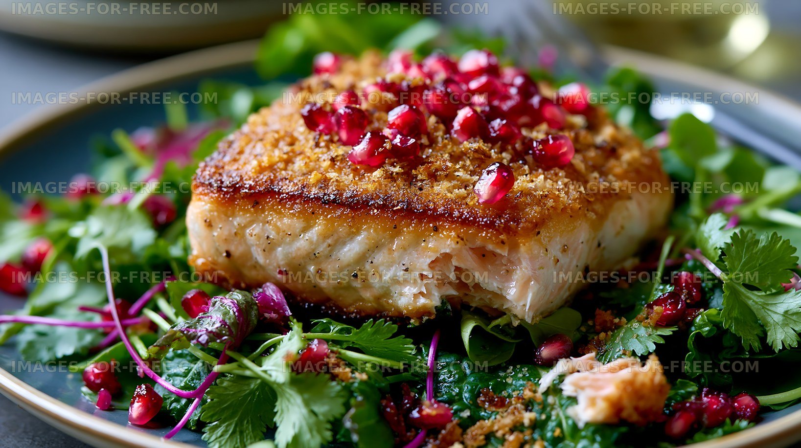 Delicious salmon fillet on a bed of fresh greens with pomegranate