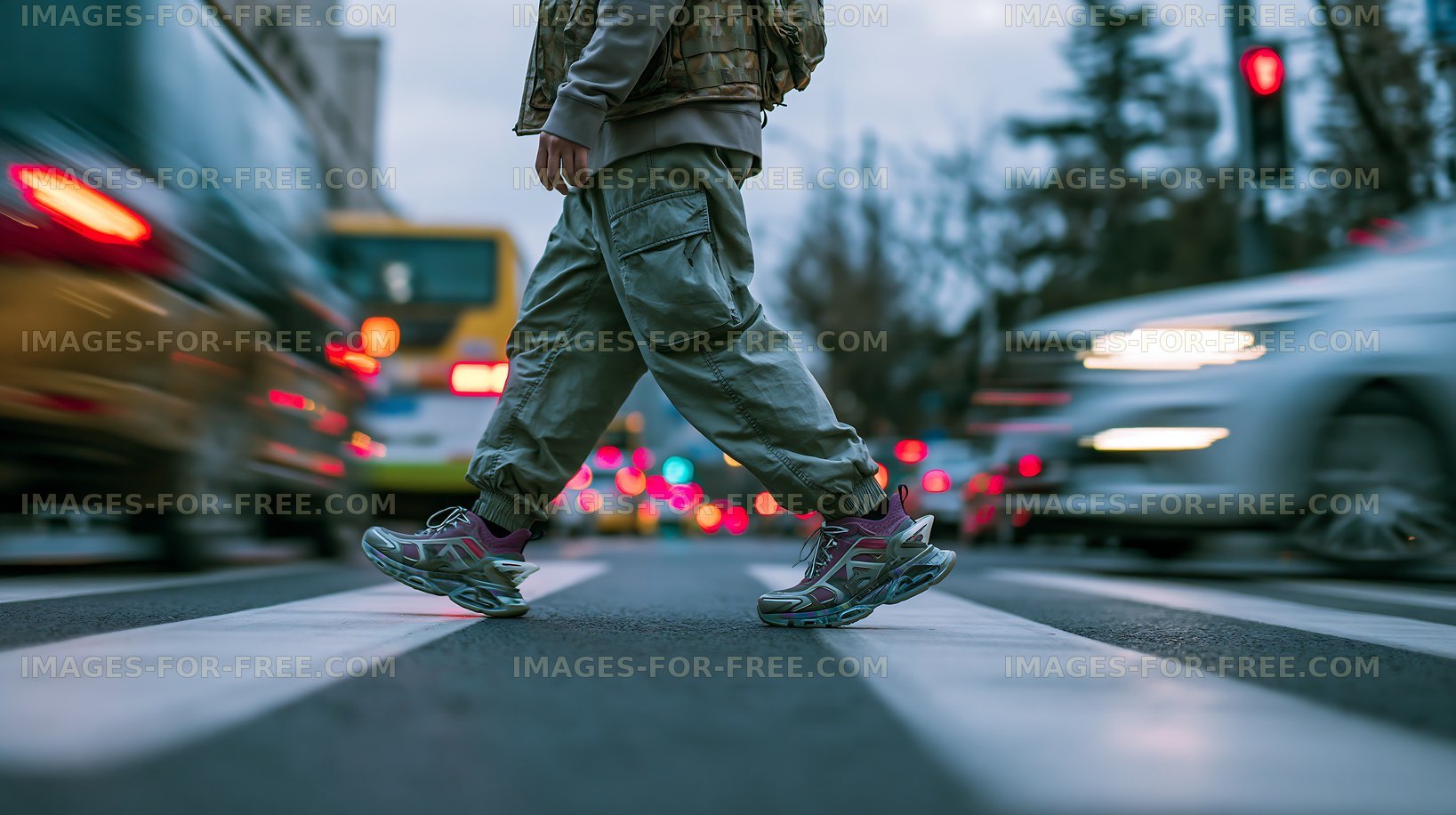 Person crossing a street with moving vehicles in a city