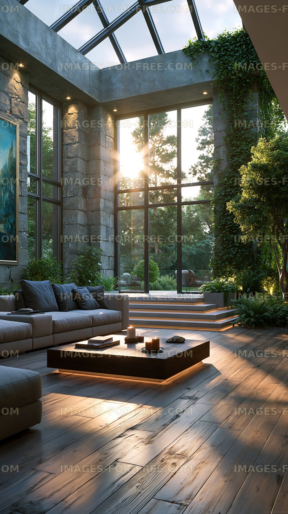 Bright sun shining through large windows in modern living room