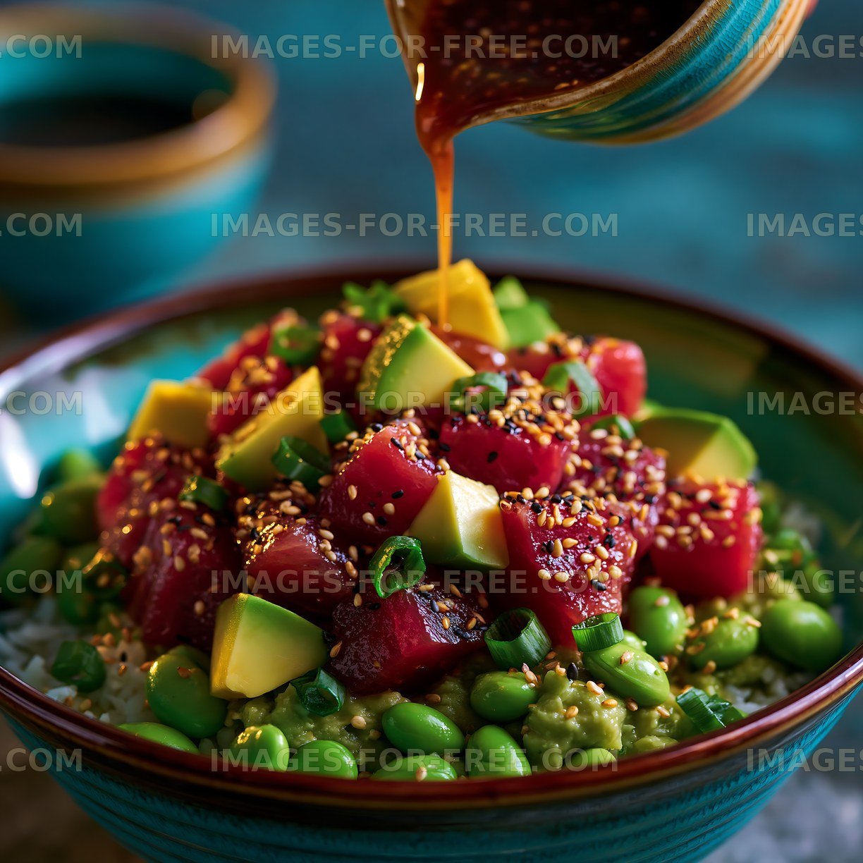 Tuna poke bowl with avocado and edamame in a bowl