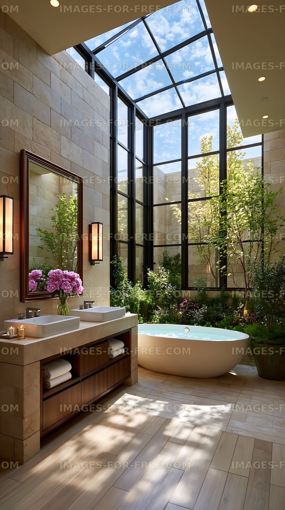 Modern bathroom design with large windows and plants