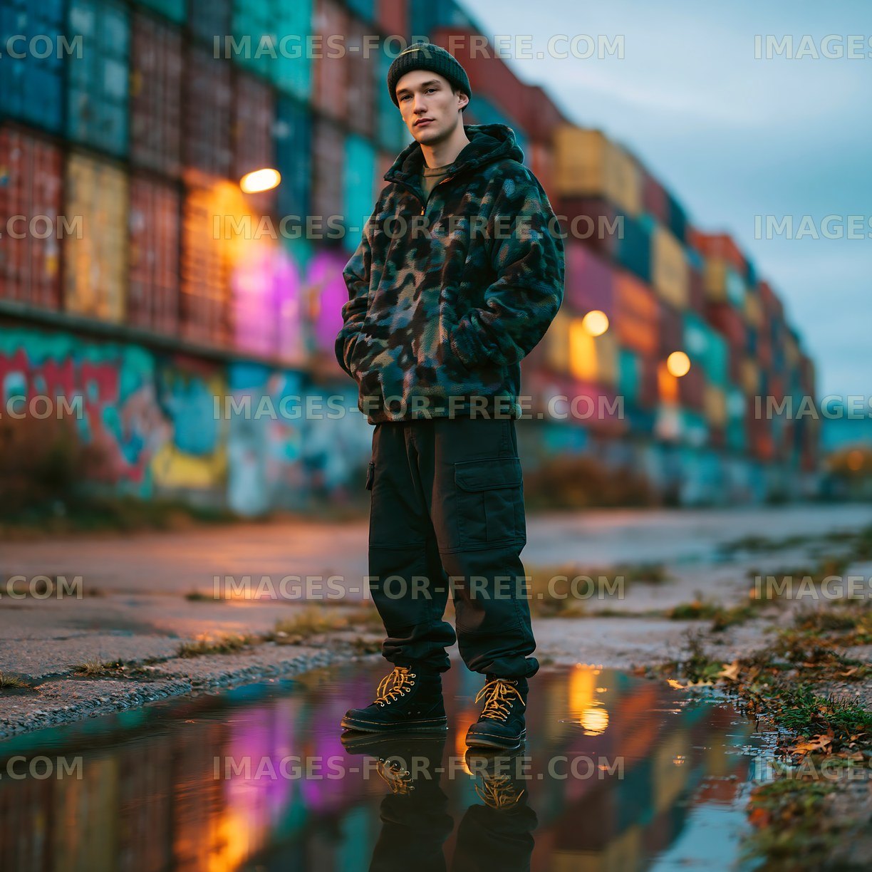 Young man standing in front of shipping containers during twilight