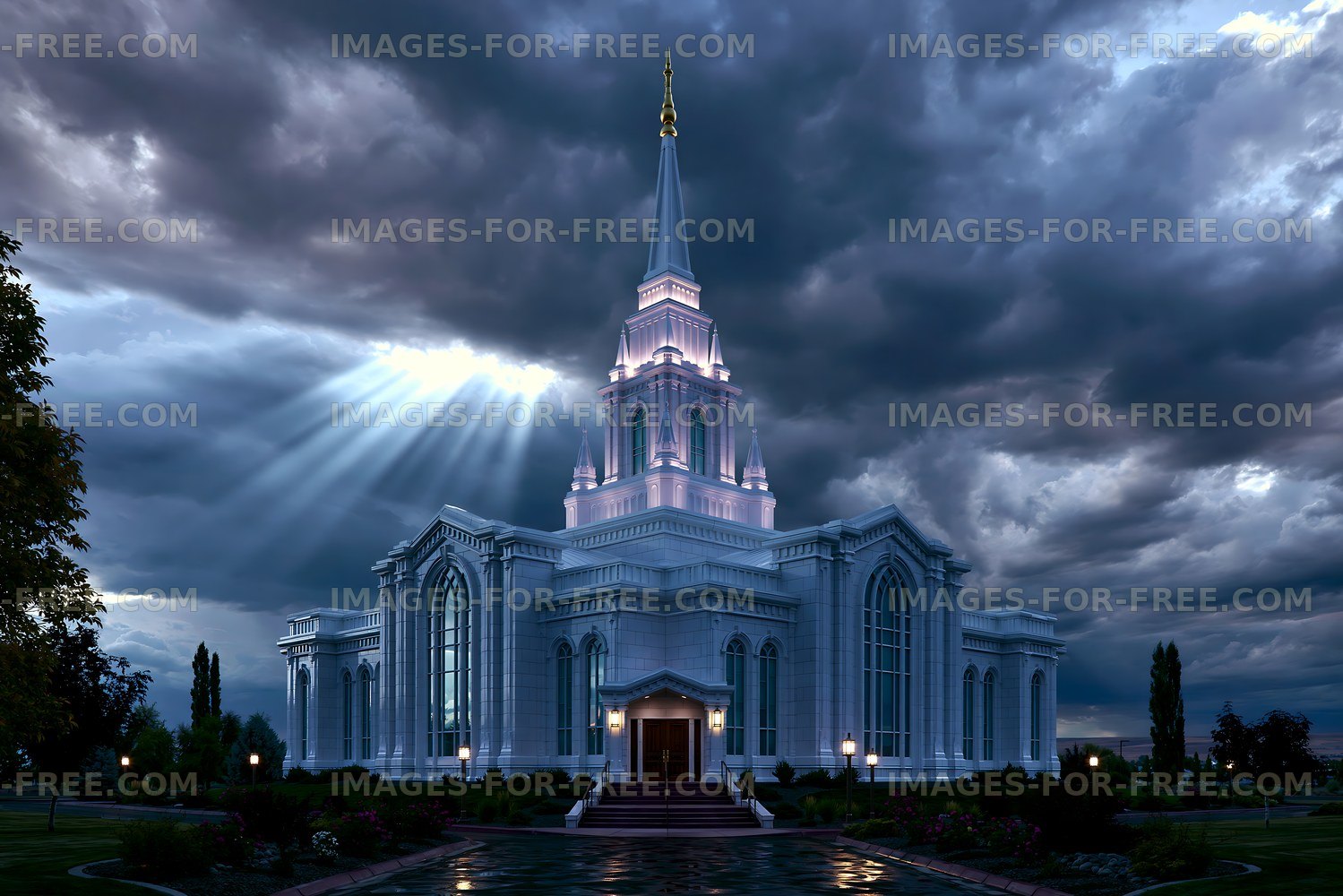 Dark clouds surround a temple with bright rays of light shining down