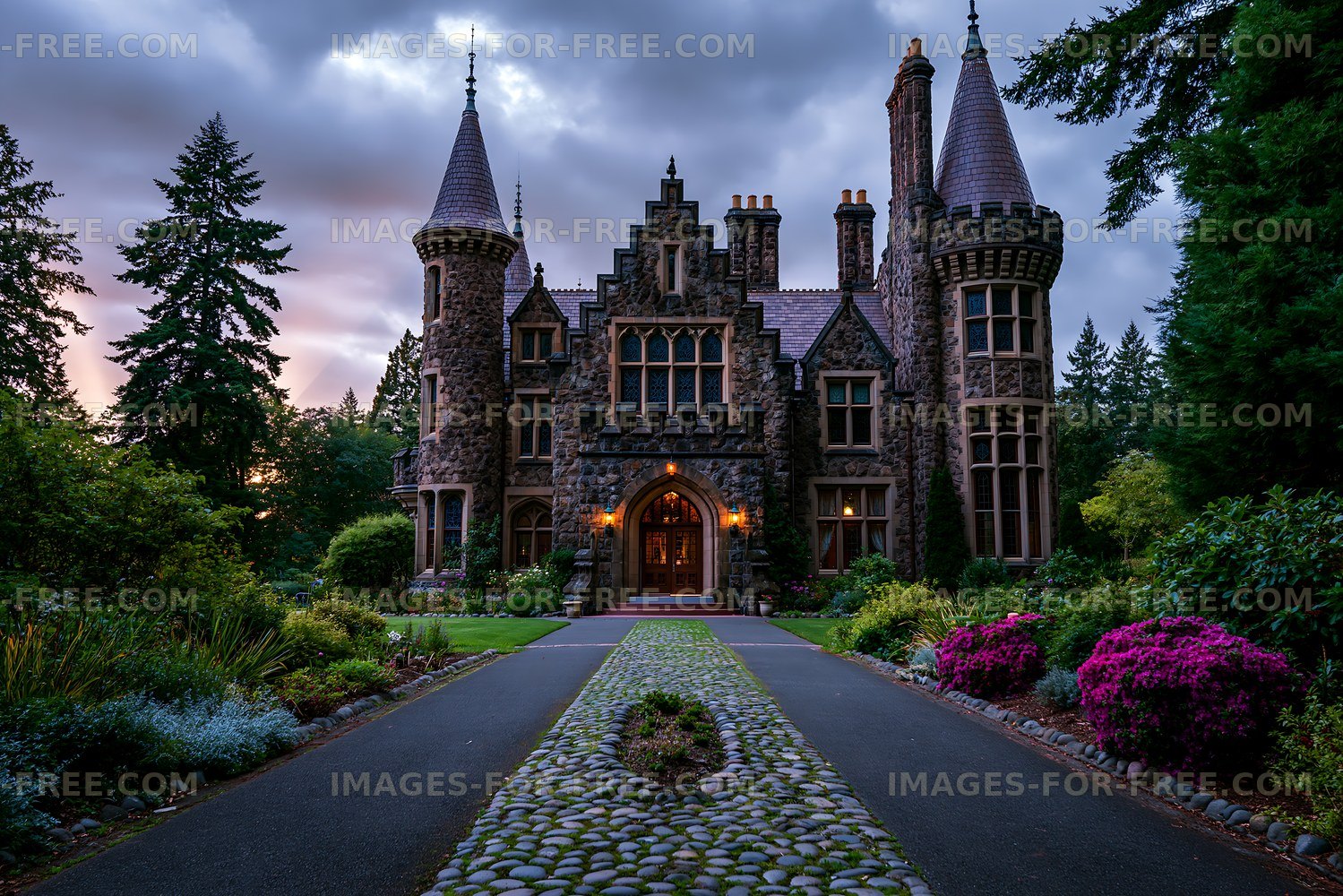 Historic stone castle with gardens at twilight