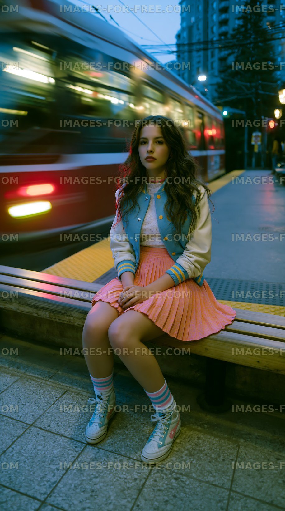 Young girl sitting on a bench at a city tram stop during twilight