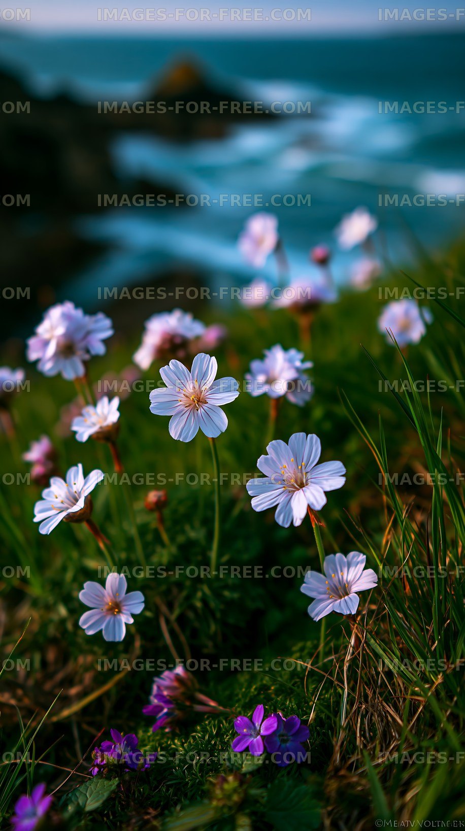 Wildflowers bloom near the coast at sunset