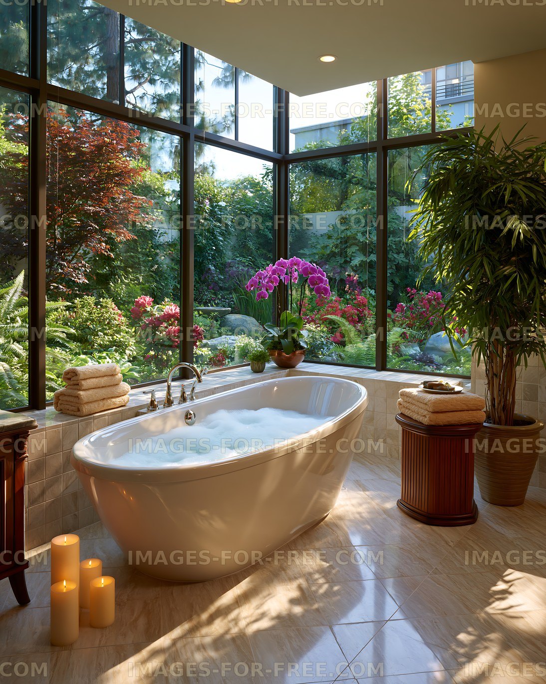 Relaxing setting with a bathtub and garden view