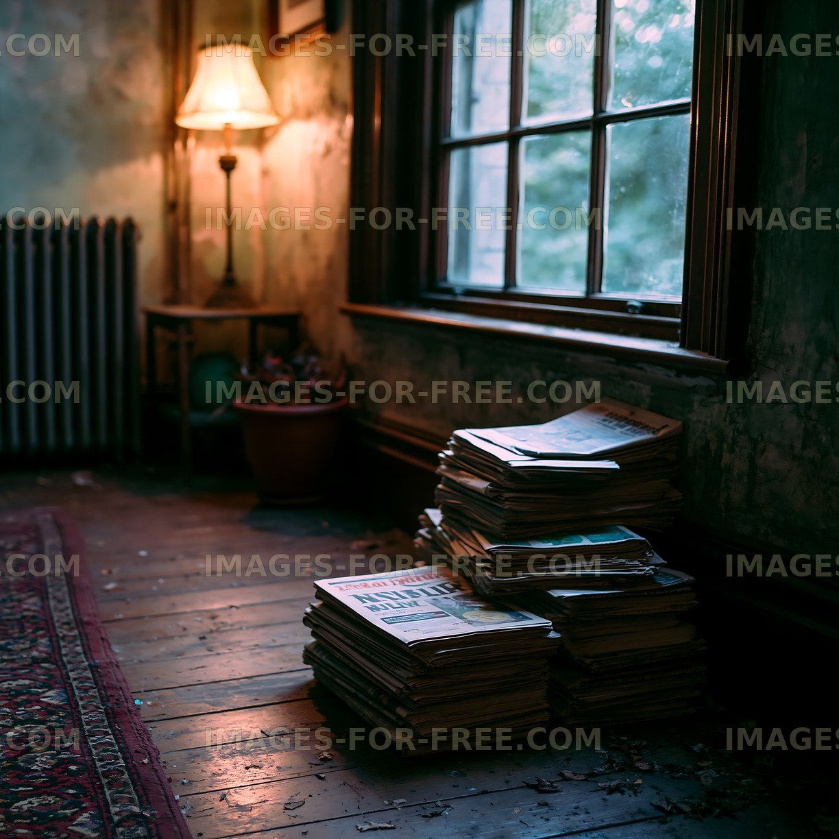 Old newspapers stacked in a dimly lit room near a window
