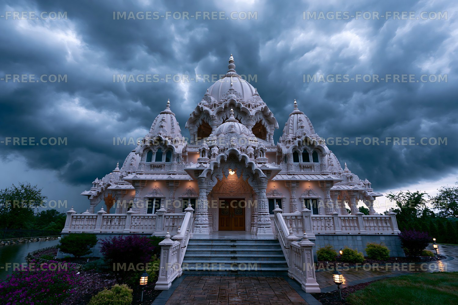Beautiful temple under dark stormy clouds