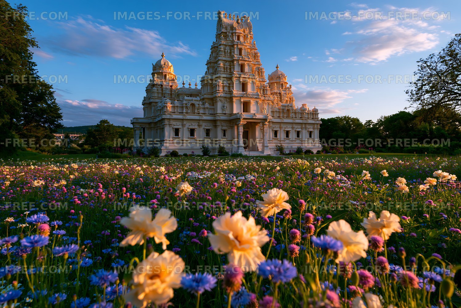 Flower field near a temple at sunset with blue sky and clouds