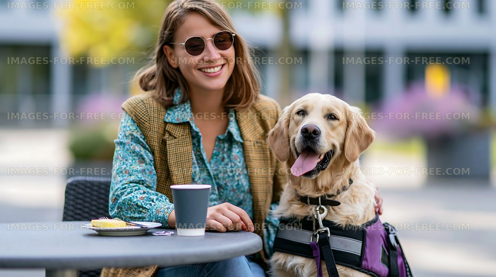 Woman sitting at a table with dog and coffee in urban setting