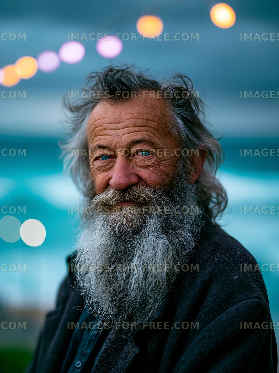Portrait of a man with a beard and blue eyes outdoors