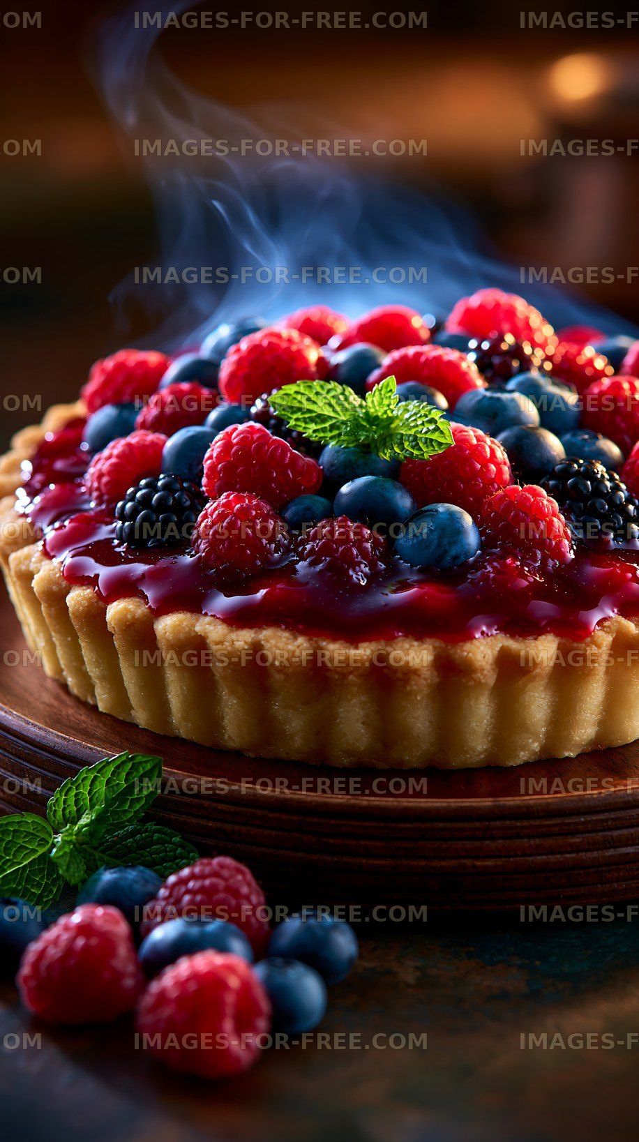 Berry tart on a wooden table with steam rising