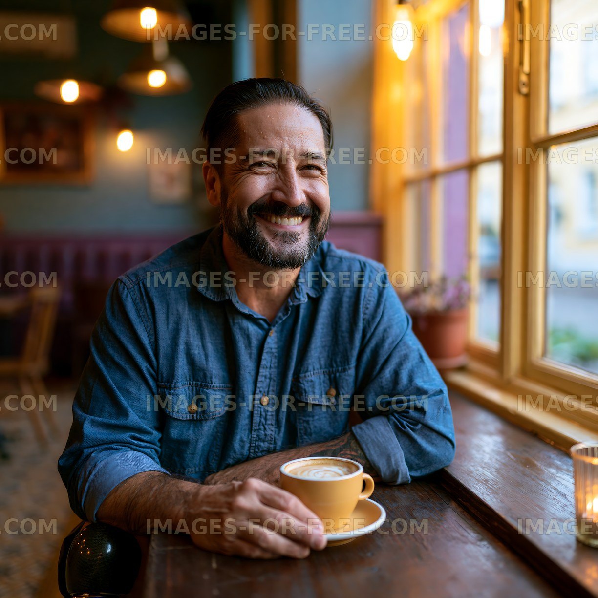 Smiling man enjoying coffee in a cozy cafe