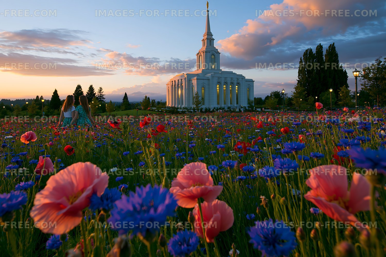 Field of flowers with church at sunset