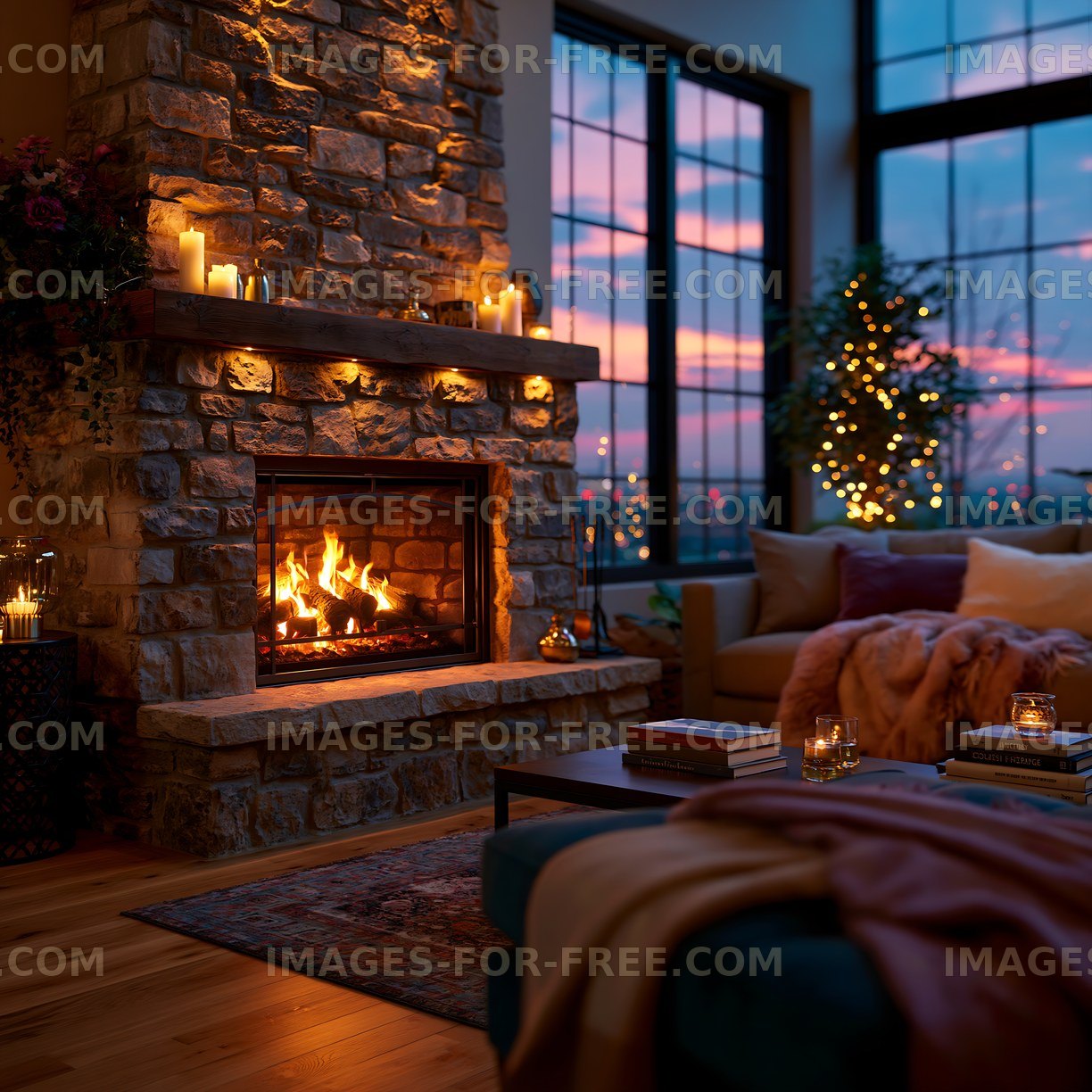 Cozy living room with a stone fireplace and sunset view
