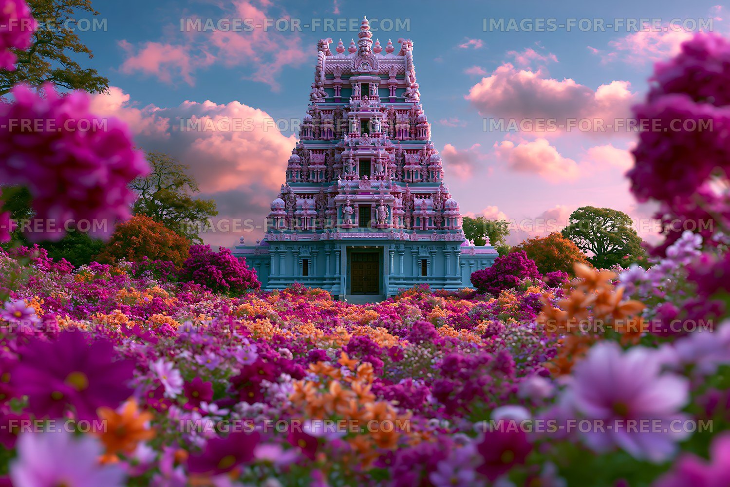 Temple surrounded by colorful flowers at sunset
