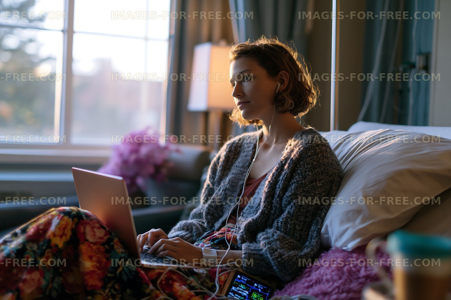 Woman working on a laptop while sitting on a bed in a cozy room