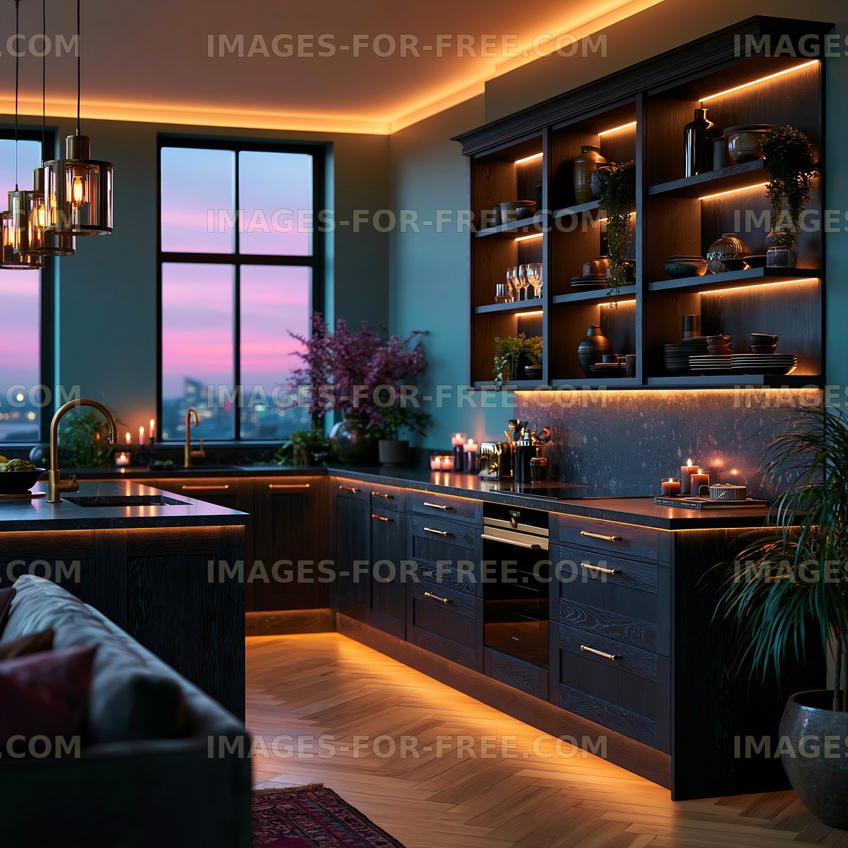 Modern kitchen with warm lighting and evening view